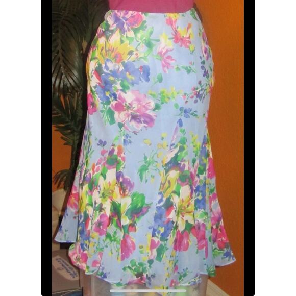 RALPH LAUREN 100% silk skirt blue floral Y2k women's skirt 1x Plus - Picture 1 of 9